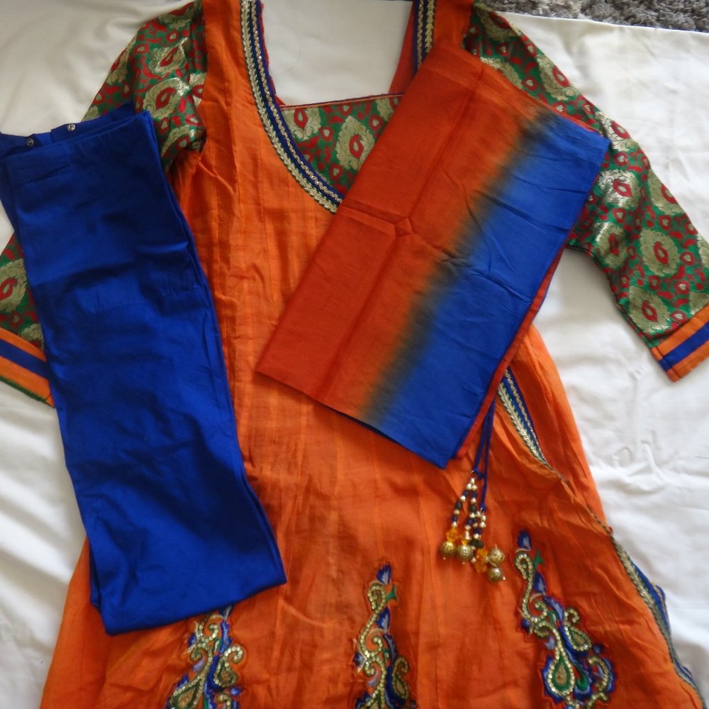 Orange Desi/Indian/Pakistani Salwar Kameez/Anarkali Dress w/ pants & dupatta